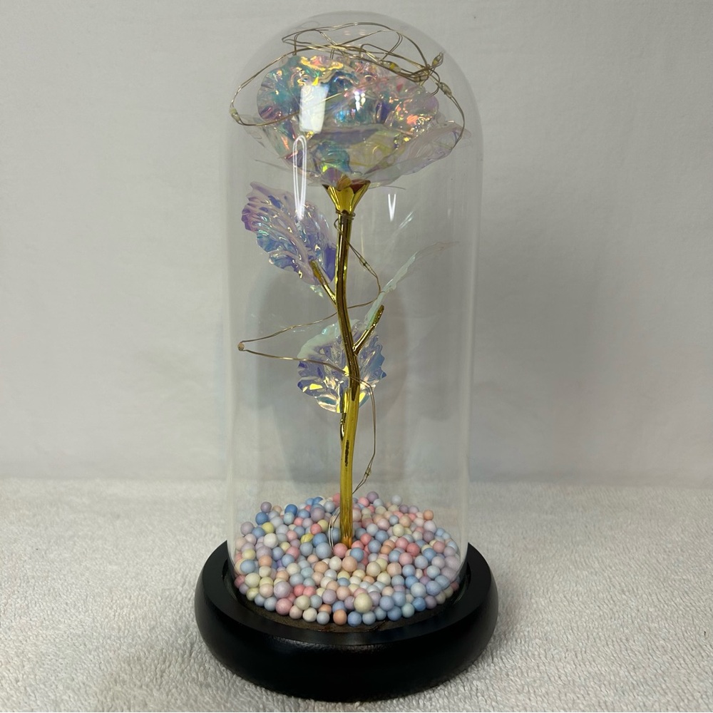Iridescent Rose in Glass Dome with Gold Stem & Pastel Balls